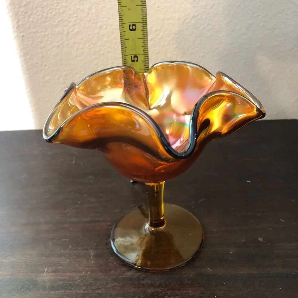 Vintage Marigold Iridescent Carnival Glass Ruffled Pedestal Candy‎ Dish Bowl MCM
